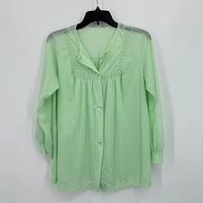 Vintage Nylon Sleep PJ Shirt Button Mint Green Floral Lace Sleep Housecoat Top