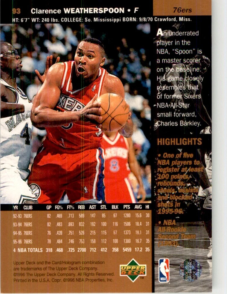 1996-97 Upper Deck Clarence Weatherspoon Basketball Cards #93 - Image 2 of 2