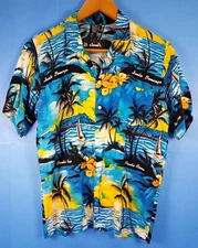 Dominican Caribbean Tropical Button Palm Tree Island Floral Shirt Yellow & Blue