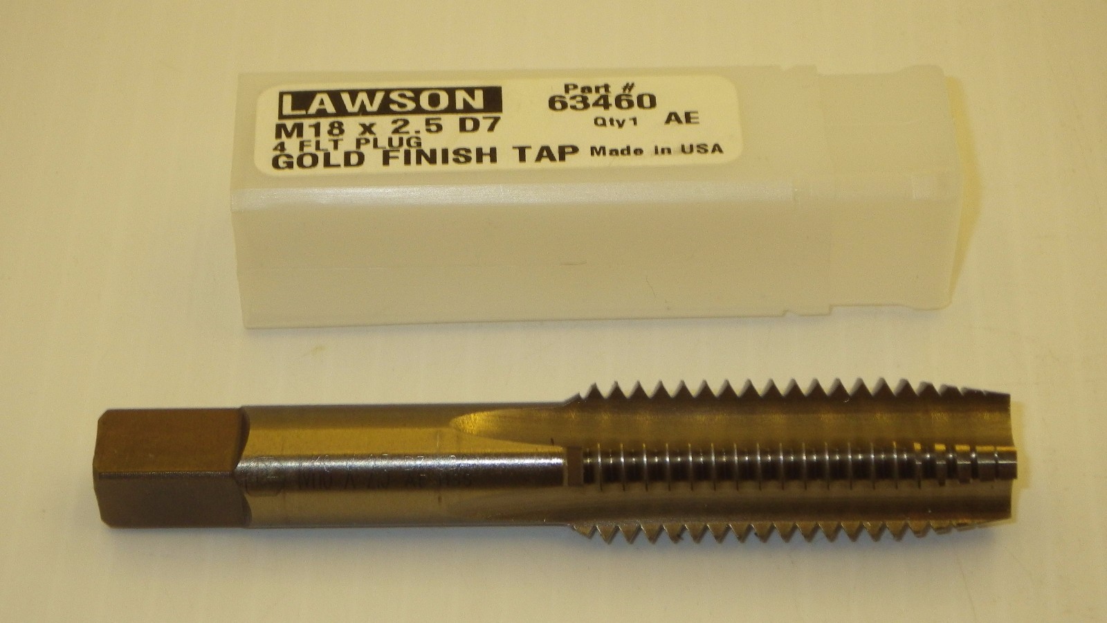 LAWSON 63460 GOLD FINISH TAP M18 X 2.5 D7 , 4 FLT PLUG, HSS, NIB
