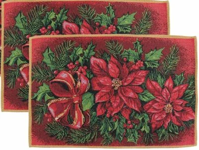 VIOLET LINEN Set of 2 Tapestry Placemats,13"x19", CHRISTMAS POINSETTIA FLOWERS & BERRIES, VL