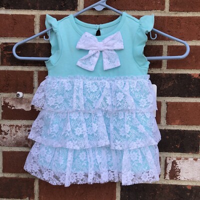 Baby Starters girls dress size 12 months teal white tiered lace ruffle accents