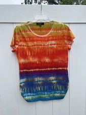 BLEU Women’s Colorful Embellished Top Blouse Short Sleeve Abstract Petite PM