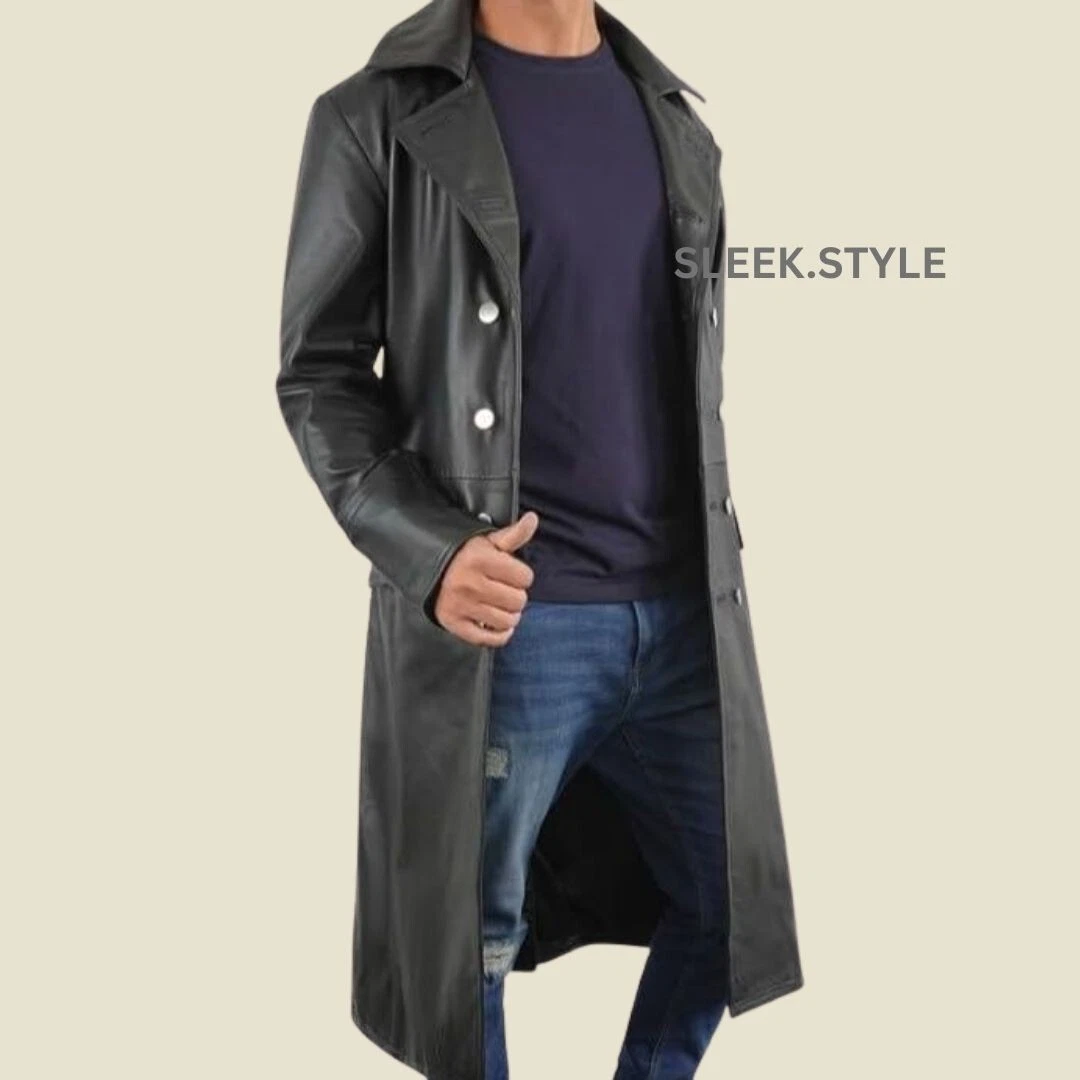 Men Leather Trench Coat Black Lambskin Stylish New Genuine Party Wear Collection