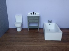 Dolls House 1:12 Bathroom Set, Suite, bath, vanity unit, toilet. Colour options.