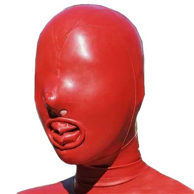 Red Latex Hood Mouth Sheath Eyes Closed Rubber Mask for Fetish Clubwear 0.4mm