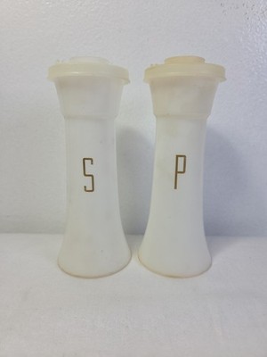 Vintage Tupperware Hourglass Salt &Pepper Shakers White with Lids Gold Lettering