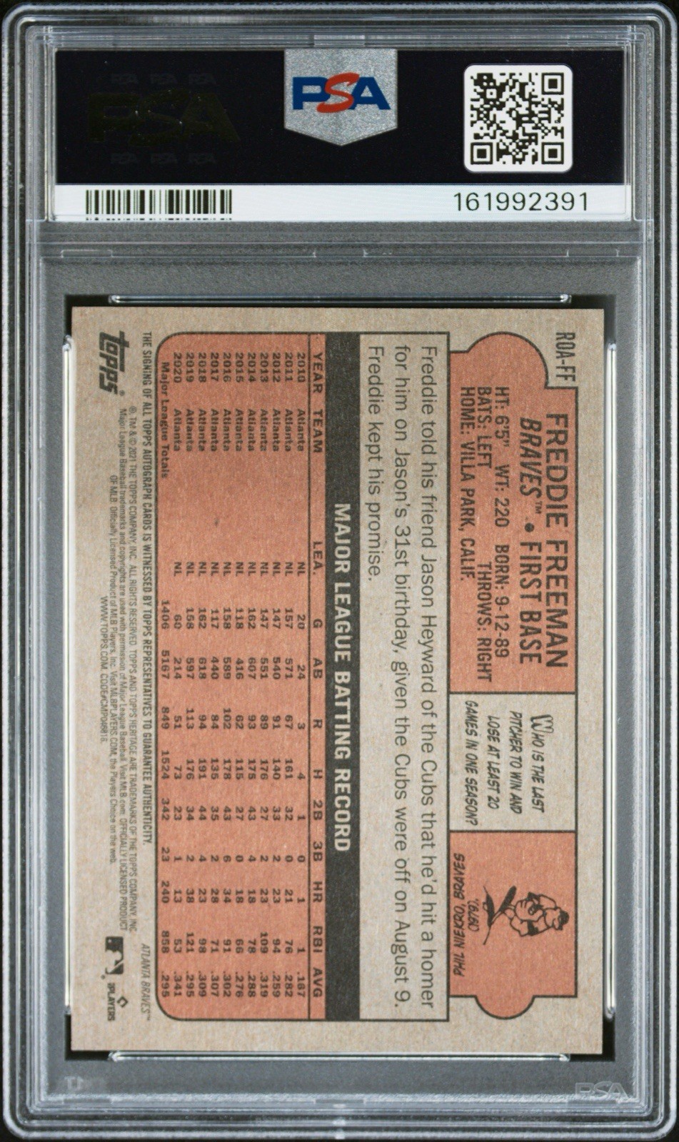 2021 Topps Heritage Freddie Freeman Real One Autographs Auto PSA 10 view 2