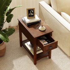 Contemporary Chair Side End  Compact Table w/ Drawer  Nightstand Walnut