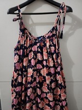 Old Navy Dress Womens L Blue Pink Maxi Shoulder Tie Strap Swing Flare Floral Pkt