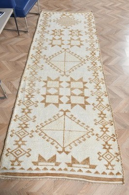3,5x9,8 ft Turkish Rug, Vintage Runner Rug, White Brown Abstract Rug