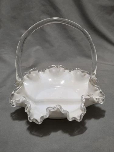 Fenton Silver Credt White Milk Glass Basket With Clear Ruffled Edges