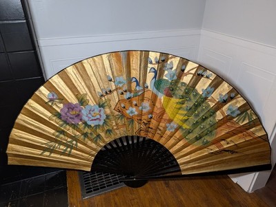 Vintage Hand Painted Gold Folding Fan Wall Decor Approximately 40x70inches!