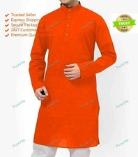Indian Orange Traditional Solid Art Kurta Mens Cultural Shirt Ethnic