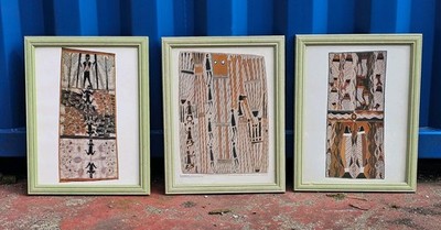 3x Aborigine Prints. George Garrawun, George Milpurrurru + 1 andere. Gerahmt  