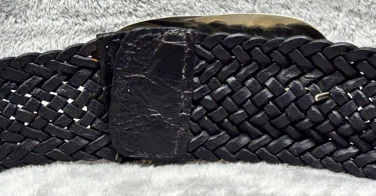 Vintage Black Braided Leather Belt Silver Western Buckle 