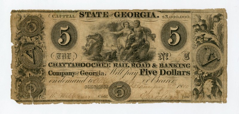 1840 $5 The Chattahoochee Rail Road & Banking Co. of GEORGIA Note