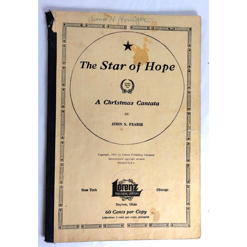 The Star of Hope - A Christmas Cantata - John Fearis - Sheet Music Book - 1923