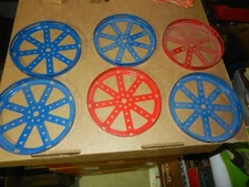 6 MECCANO #118 Hub Discs,  Blue & Red Paint, Original