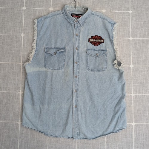 Twin Motorcycle Apparel Biker Shirt Vest Mens XL Blue Sewn On Patches Distressed