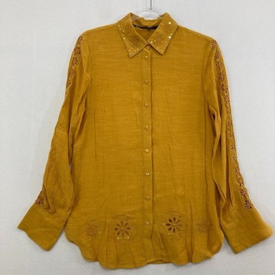 Desigual Medium Yellow Embroidered Sequins Regular Fit Button Down Bohemian