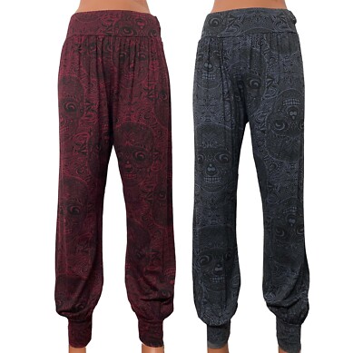 Womens Halloween Ali Baba Harem Trousers Pants Leggings Ladies Baggy skull 8-18