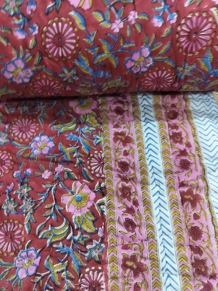 Indian Jaipuri Razai Hand Block Print Cotton Quilt LIght Weight Soft Warm Quilt - Image 2 of 4