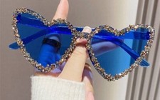 Heart Sunglasses Vintage Style Luxury Crystal Retro Blue ,Punk Hip Hop Eyewear