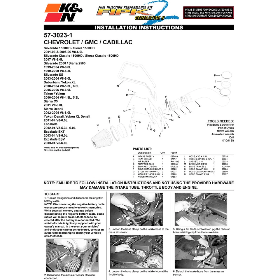 Entrada de aire frío rendimiento K&N 57-3023-1 para 99-04 Silverado Sierra 2500 6,0 V8 Foto 4 de 4