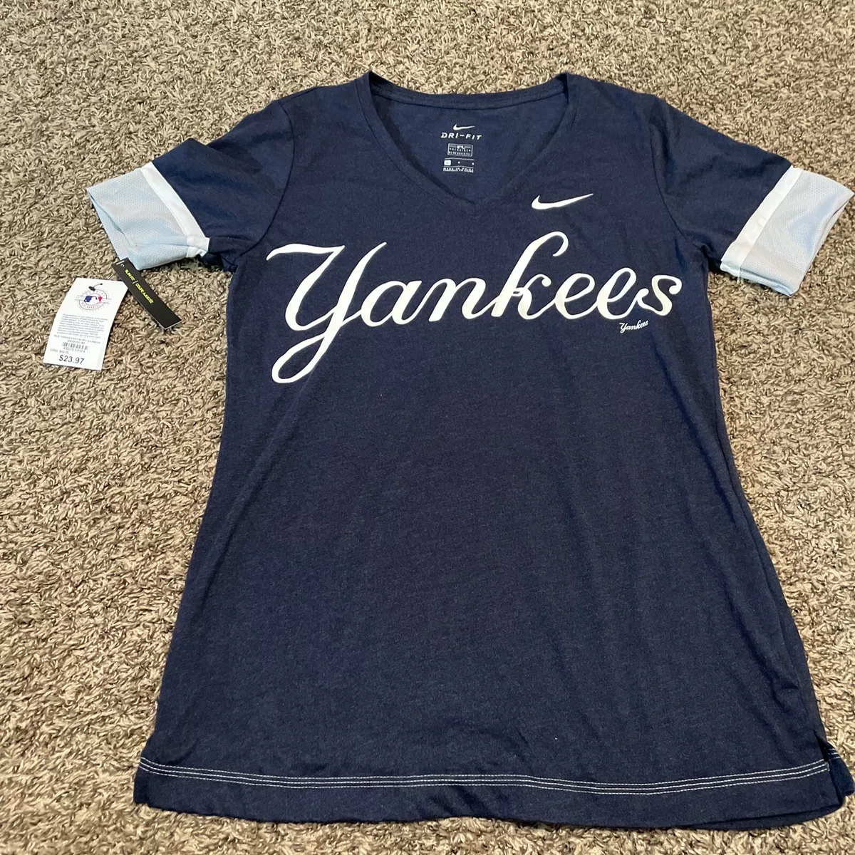 Nike ~ New York Yankees Slim Fit V-Neck T-Shirt Womens Size Large ~DRI-Fit