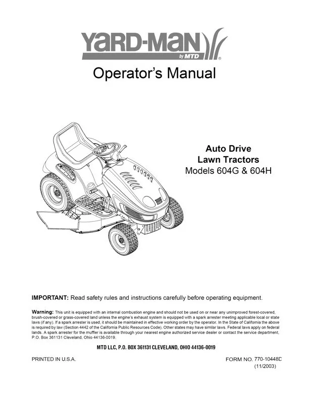 Owner s Manual Yard Man Auto Drive Lawn Tractor Riding Mower