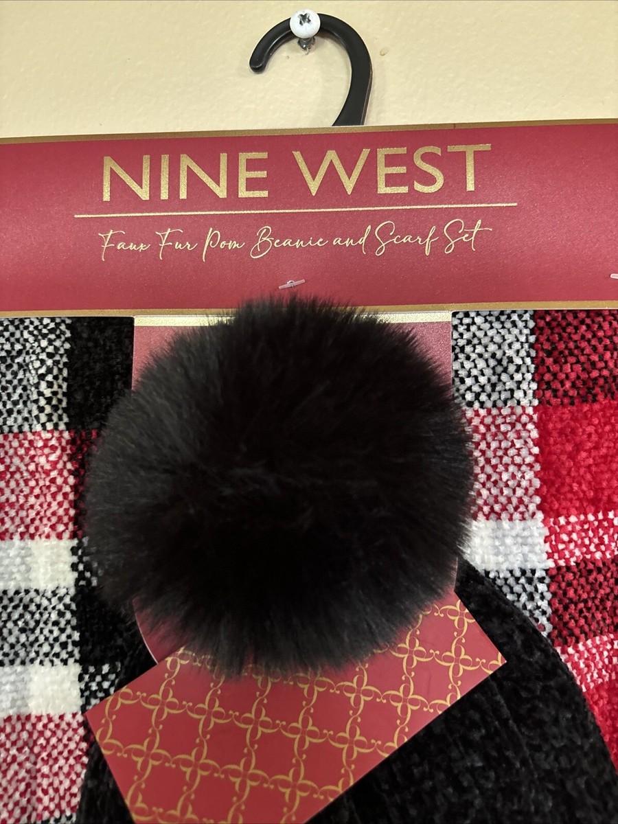 NINE WEST Woman's Faux Fur Pom Beanie and Scarf Set NEW w/TAGS Red