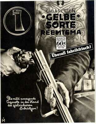 Die Hand am Abzug...Künstlerwerbung für Reetmsma Cigaretten von 1931