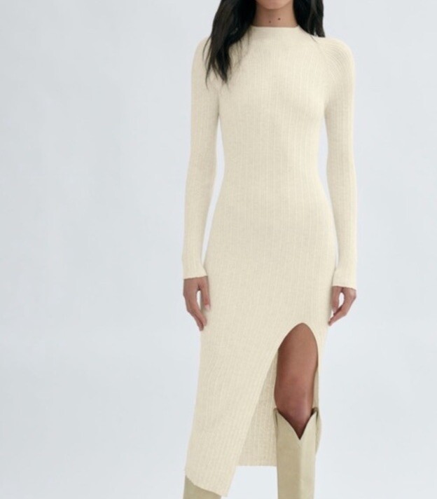 Wilfred Free Aritzia Dress Off-White Mock Neck L Sleeve Knit Slit Midi Size  S | eBay