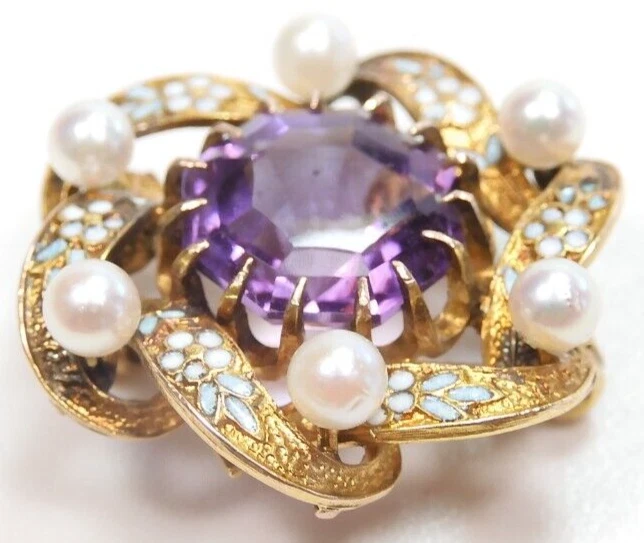 Antiguo pasador de amatista Art Deco 18KY esmalte perla con gancho para colgar 0,78 x 0,76" 3,3 Gm Foto 4 de 4