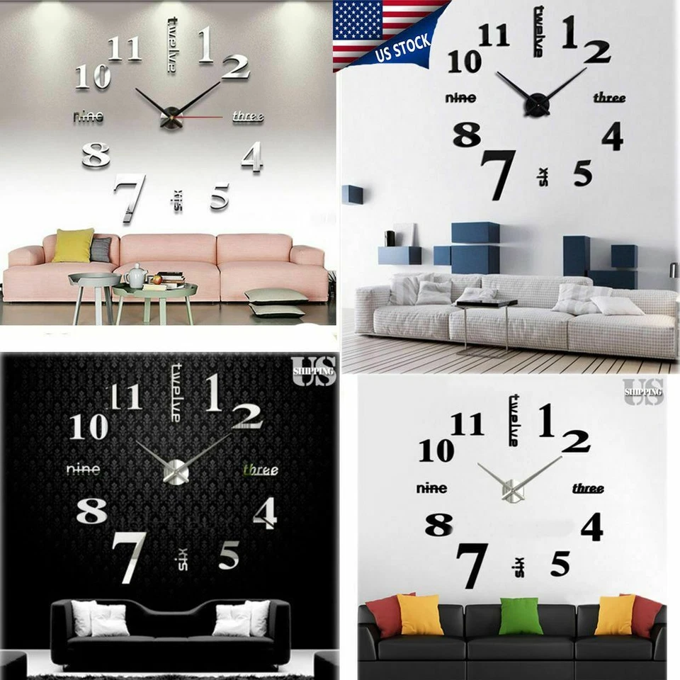 Novelty Stick-on Large Wall Clock 3D DIY Mirror Sticker Surface Home Decor Art - Image 4 of 4