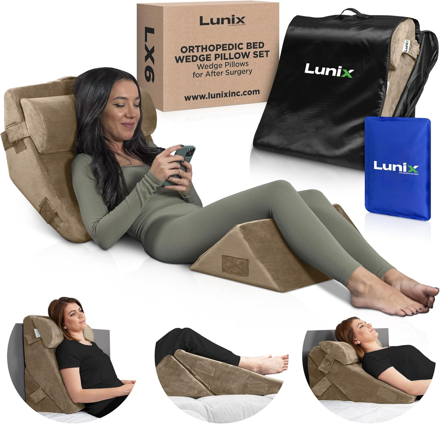 3Pcs Orthopedic Bed Wedge Pillow Set for Back and Leg Support Post Surgery Memory Foam
