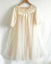 Vintage Robe Ivory Layered Chiffon Floating Lace/Satin Trim Short Sleeve Size L