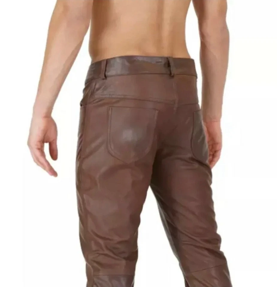 Calça jeans masculina motociclista marrom real ou couro de vaca elegante e sexy estilo 501 nova - Imagem 2 de 4