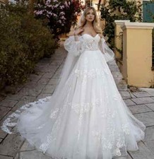 Appliques Lace Puff Sleeves A-line Wedding Dresses Sweetheart Tulle Small Tail