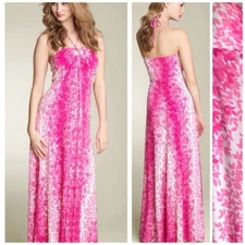 MAGGY LONDON Maxi Dress SZ 8 Pink White Keyhole Halter Resort Wear Summer Dress!