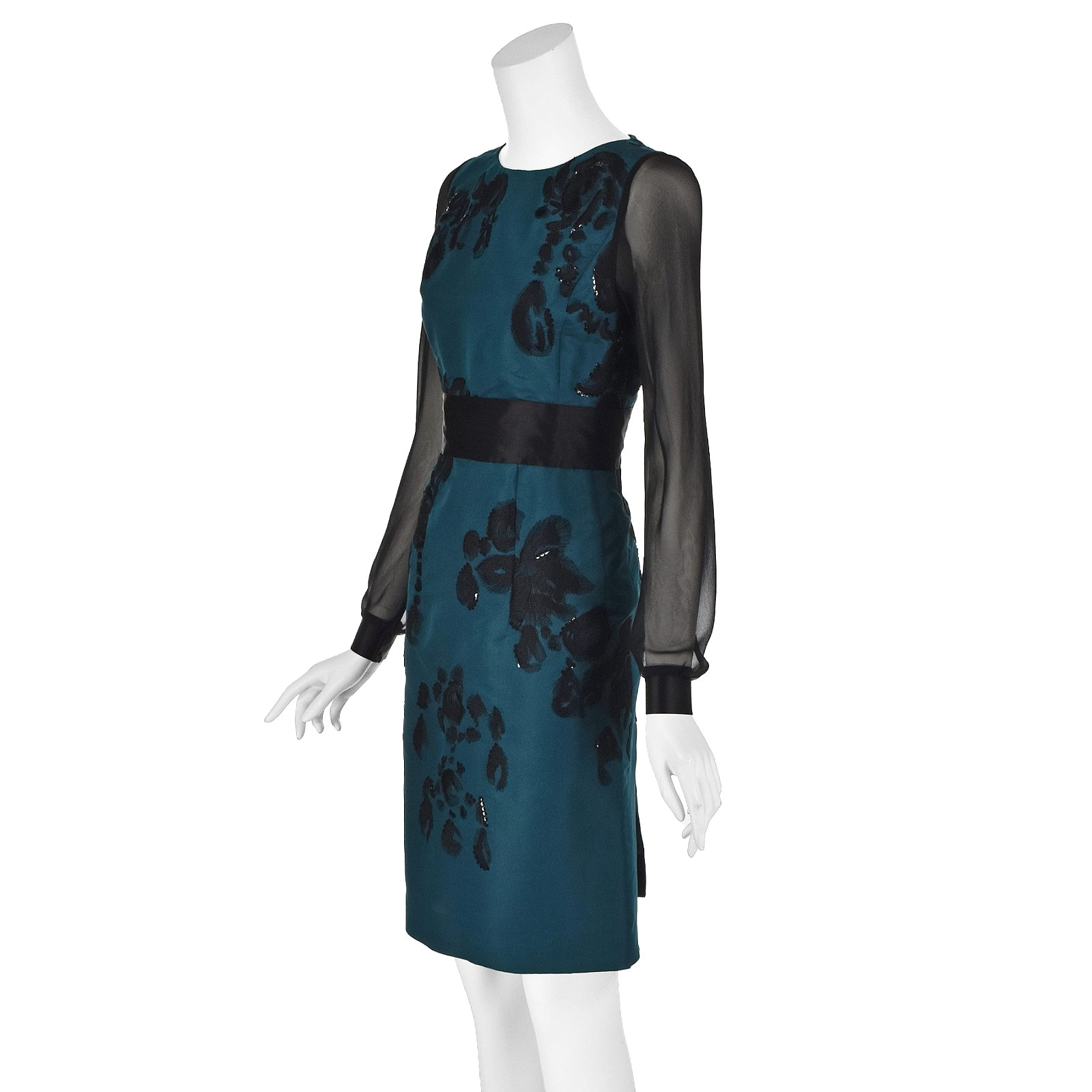 OSCAR DE LA RENTA Teal Silk Embroidered Dress w/Sheer Chiffon Sleeves F2012 SZ 8