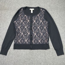 Banana Republic Petite M Wool Blend Lace Front Cardigan Black Button Sweater