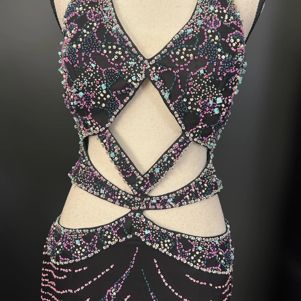 Vestido de Hadas Vintage Y2k Seda Cuentas Negro Rosa Aqua Corte Vestido de Noche Halter  Foto 4 de 4