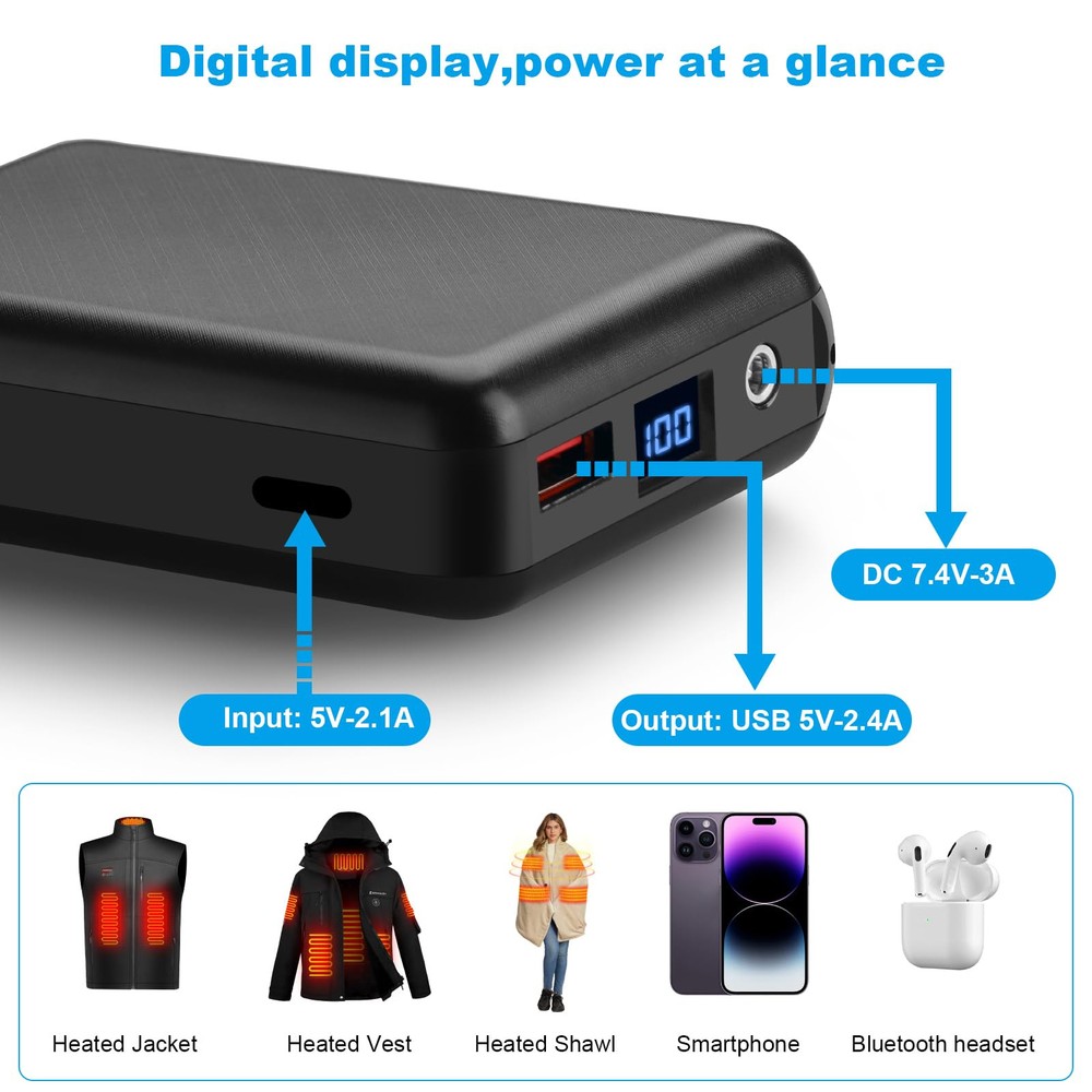 20000mAh 7.4V Portable Power Bank with USB Charging Cable for Heated Devices