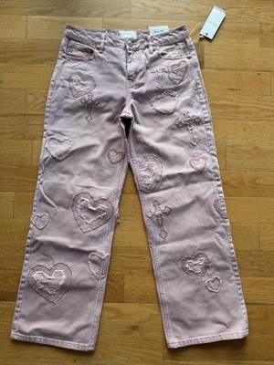 Miss Me Mid-Rise Slim Wide 27x30 Pink Jeans with Hearts and Crosses Women's