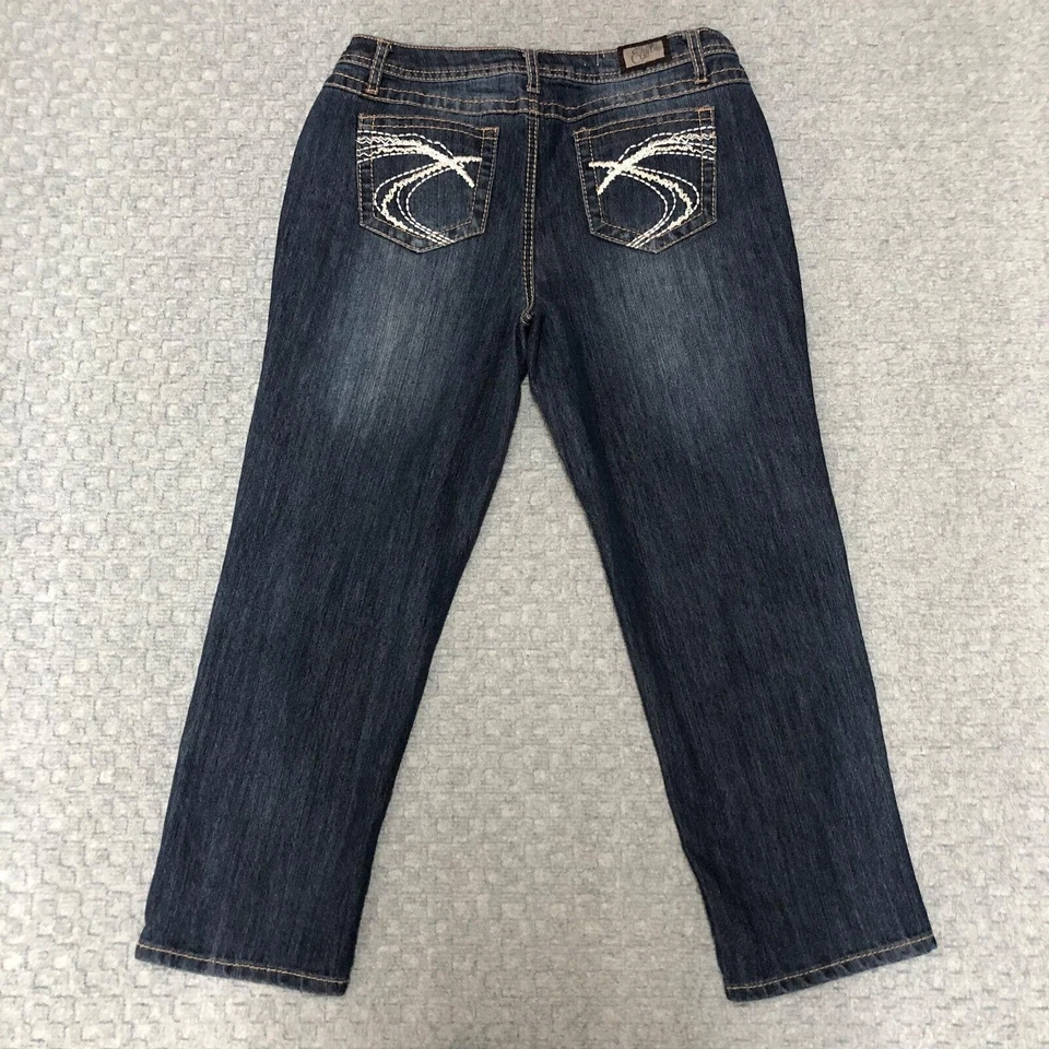 Pantalones de mezclilla Earl Jean para mujer talla 10 azul lavado oscuro pierna recta elásticos bordados Foto 2 de 4