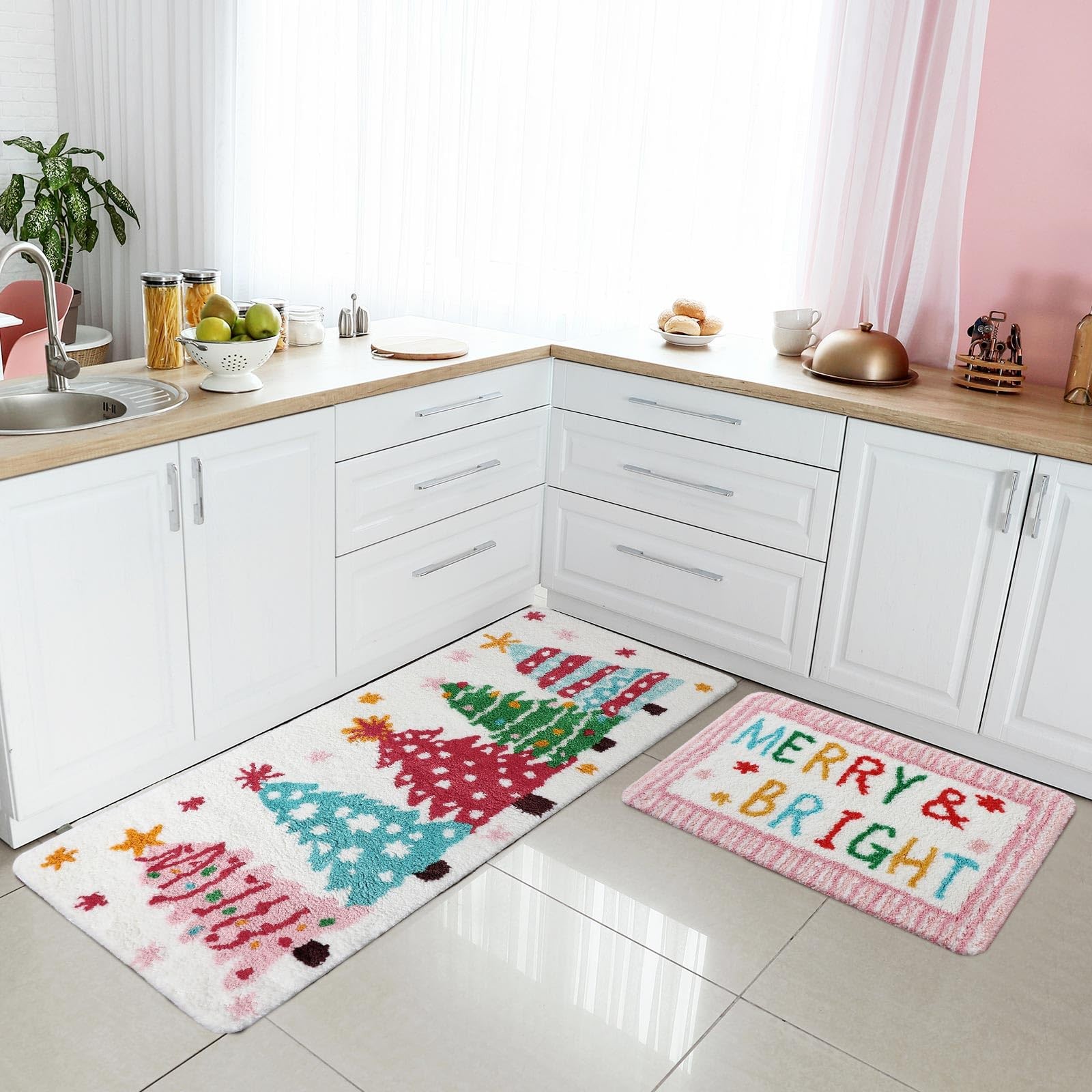 2 Pcs Christmas Bathroom Mat Set Soft Plush Pink Christmas Tree Bath Rugs Non...