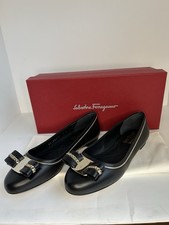 Salvatore Ferragamo Varina Black Leather Ballet Flats with Bow and Gold Chain