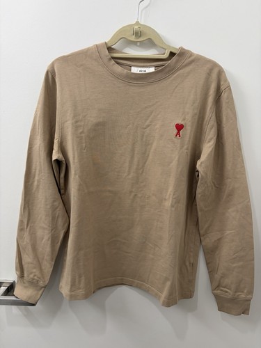 AMI, Pre-owned Ami Paris Unisex Long Sleeve T-Shirt Beige Ami de Coeur Logo